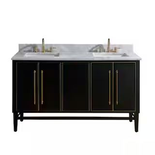 Mason 61 in. W x 22 in. D Bath Vanity in Black with Gold Trim with Marble Vanity Top in Carrara W... | The Home Depot