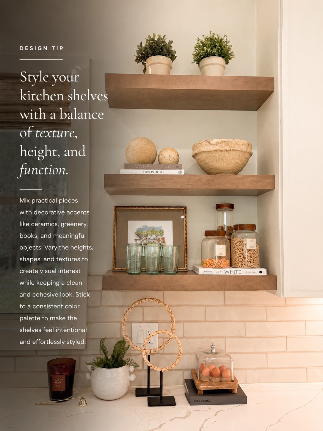 Style kitchen shelves with pieces that are both beautiful and useful 🤎 Layer ceramics, greenery, books, glassware, and decorative accents in different heights and textures to create visual interest while keeping the overall look warm, balanced, and thoughtfully collected.

#porcheandco #KitchenShelves #KitchenStyling #ShelfStyling #KitchenDecor

#LTKHome #LTKvlog