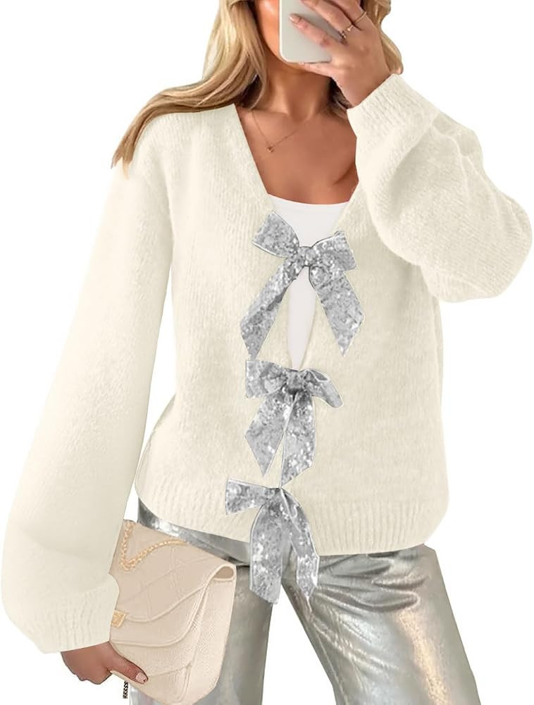 Women’s 2024 Fall Winter Bow Knot Cardigan Sweater Long Sleeve Open Front V Neck Chunky Knit Ca... | Amazon (US)