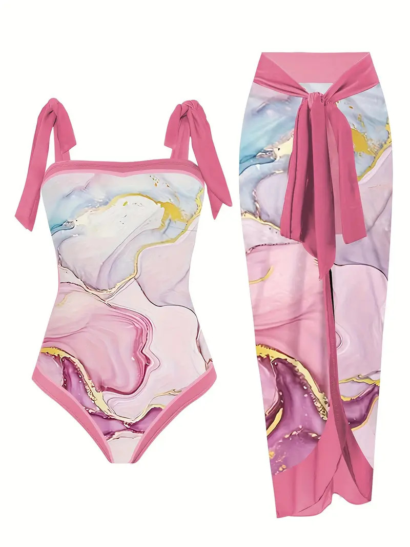 Casual Swimsuit Set Plus Size Women s Plus Marble Print Tie - Temu | Temu Affiliate Program