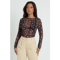 boohoo Women's Deer Print Mesh Long Sleeve Top in Brown | Size: 4 | boohoo (US & Canada)