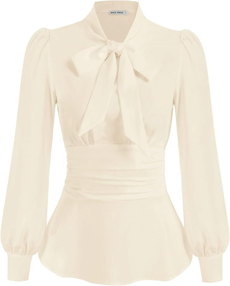 GRACE KARIN Women's Office Bow Tie Blouse Puff Sleeve Peplum Dressy Shirt Smocked Waist | Amazon (US)