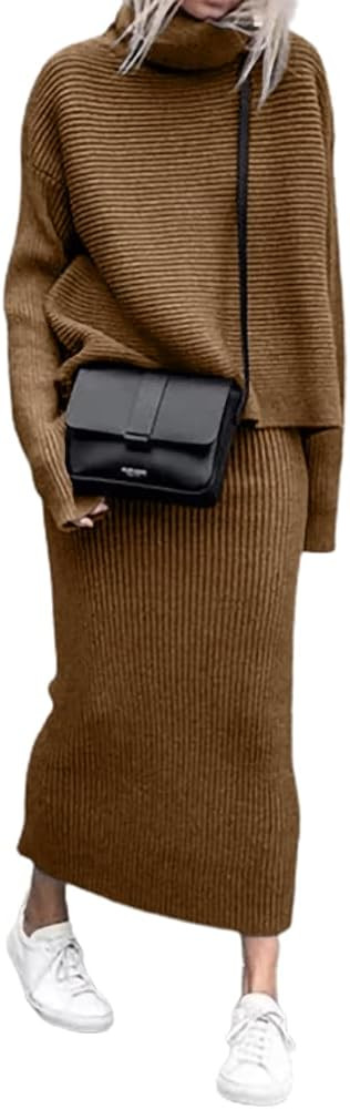 chouyatou Women's Turtleneck 2 Piece Outfits Ribbed Knit Sweater Midi Pencil Skirt Set | Amazon (US)