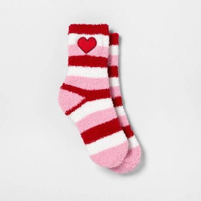 Women's Embroidered Heart Valentine's Day Cozy Crew Socks - Pink/Red One Size | Target