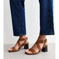 Women's Wide Fit Tan Faux Leather Crossover Strap Heeled Sandals Vegan New Look | New Look (UK)