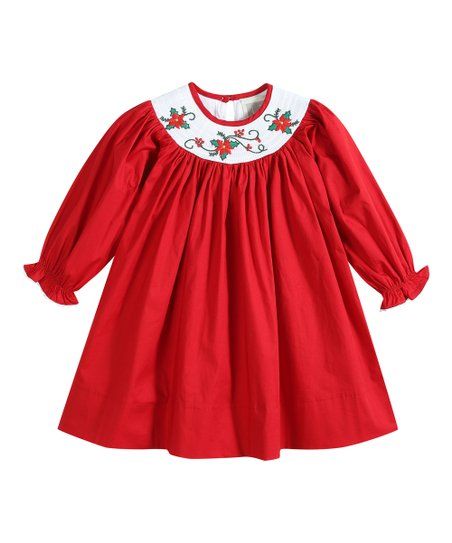 love this productRed Christmas Mistletoe Smocked Long-Sleeve Bishop Dress - Infant, Toddler & Gir... | Zulily