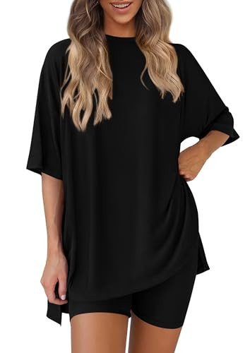 PRETTYGARDEN Women 2 Piece Lounge Set 2026 Summer Casual Oversized Shirts Biker Shorts Matching Airport Travel Outfit Clothes (Black,Small) | Amazon (US)
