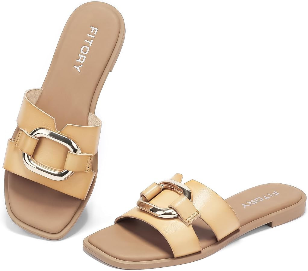 FITORY Women's Flat Sandals Fashion Square Open Toe Slides With Metal Chain Slippers for Summer S... | Amazon (US)