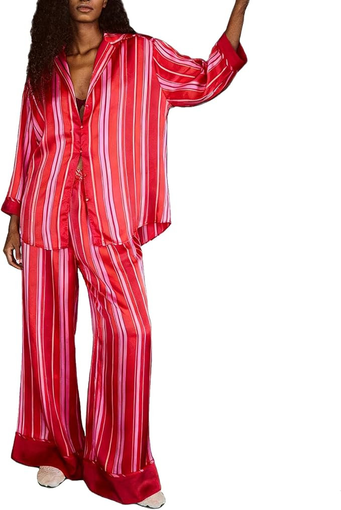 Women Satin Pajama Set Floral Silk Pajamas 2 Piece Lounge Sets Button Down Shirts Wide Leg Pants ... | Amazon (US)