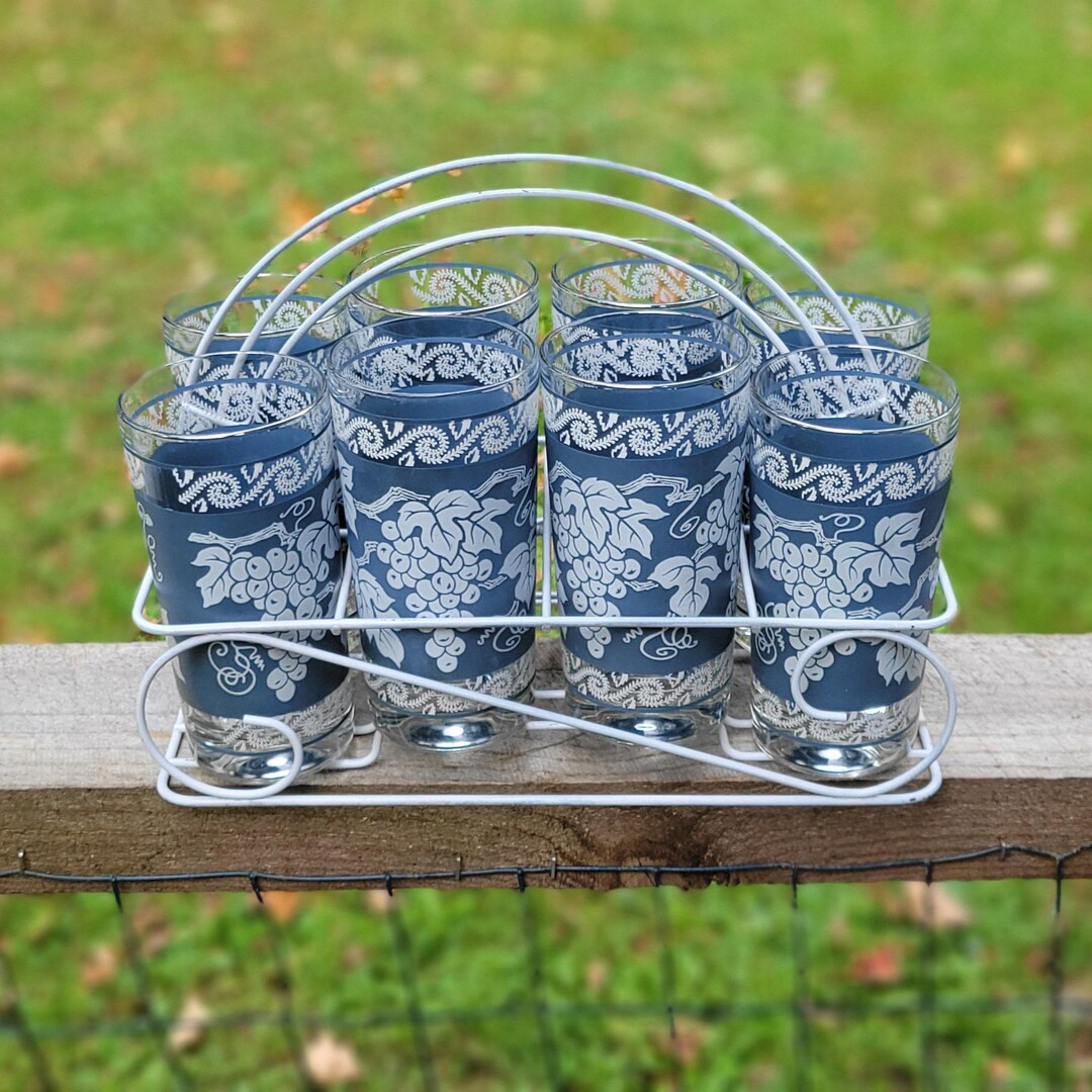Jeanette Wedgewood Glass Cocktail Tumblers With Carrier - Etsy | Etsy (US)