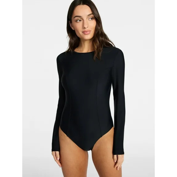 Time and Tru Women's and Women's Plus Size One Piece Rash Guard Swimsuit with Long Sleeves, Sizes... | Walmart (US)