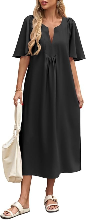 Wenrine Womens Flutter Short Sleeve Maxi Dress Casual V Neck Side Slit Pleated Loose Flowy Summer... | Amazon (US)