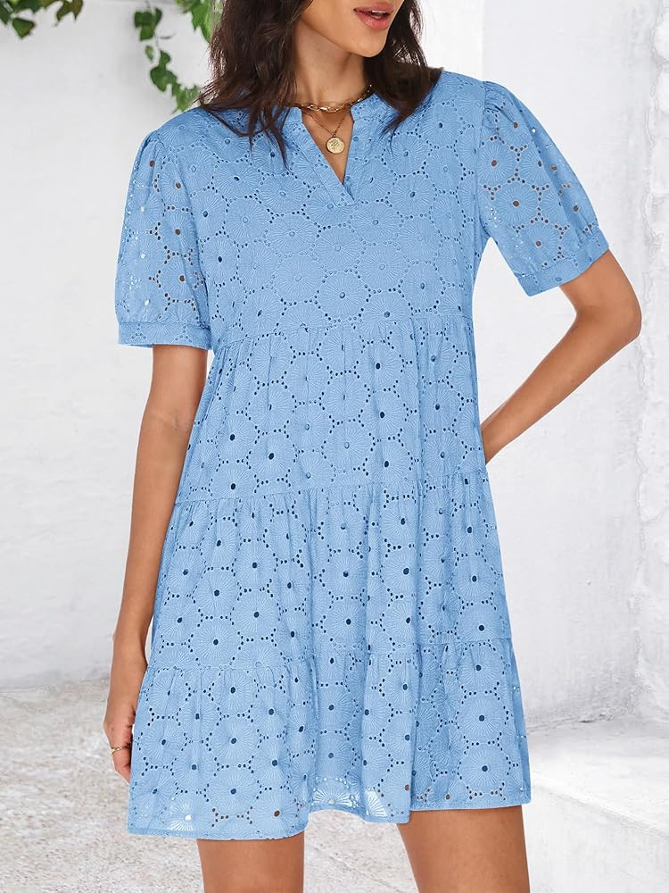 Womens Summer Eyelet Dresses 2026 Casual Babydoll Swing V Neck Short Sleeve Hollow Out Lace Tunic... | Amazon (US)