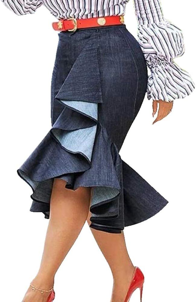 VERWIN Mermaid Plain Falbala Mid-Calf High Waist Women's Skirt | Amazon (US)