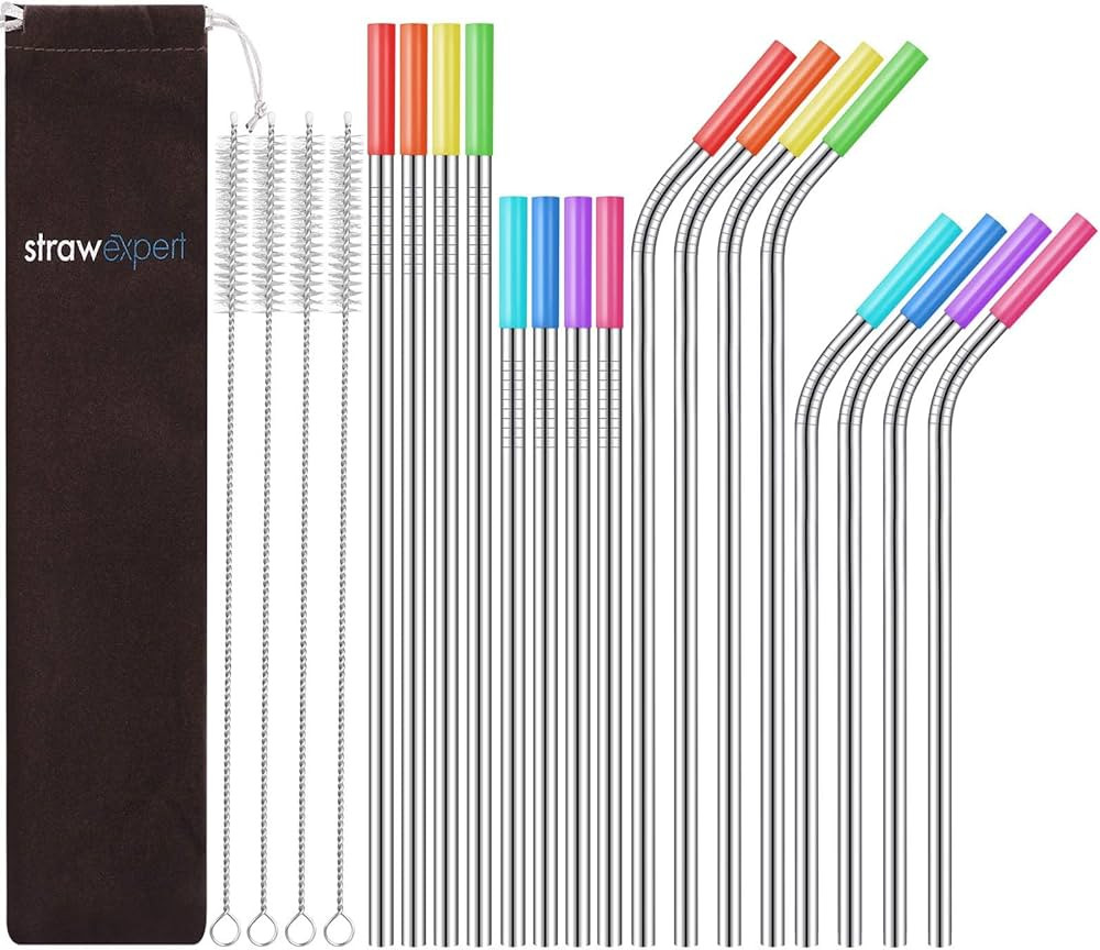 Set of 16 Reusable Stainless Steel Straws with Travel Case Cleaning Brush Silicone Tips Eco Frien... | Amazon (US)