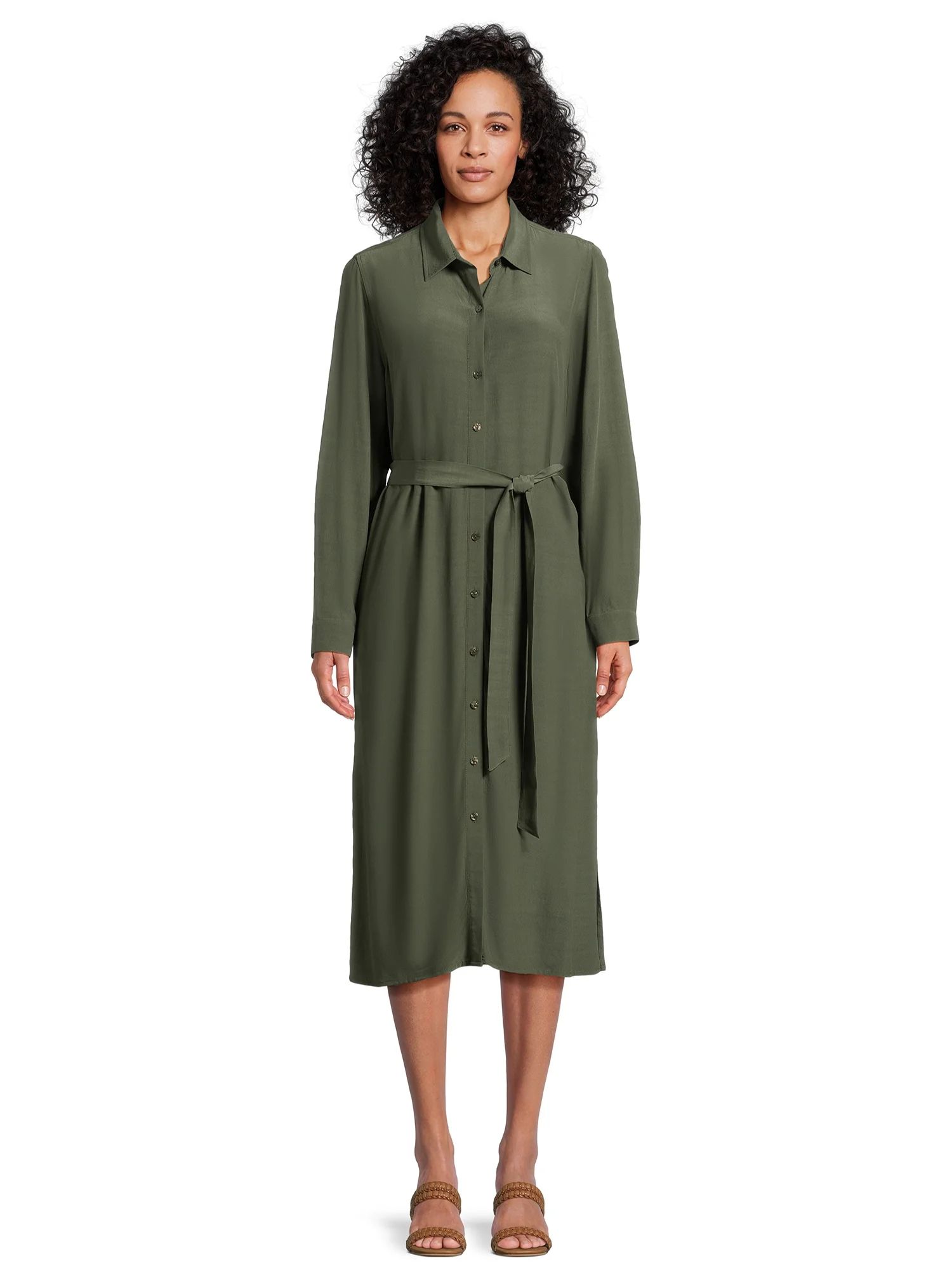 Time and Tru Women’s Button Front Shirt Dress with Long Sleeves, Sizes XS-XXXL | Walmart (US)