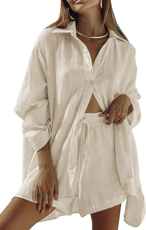 Fixmatti Women 2 Piece Outfits Long Sleeve Button Down Blouse and Shorts Sweatsuit Sets | Amazon (US)