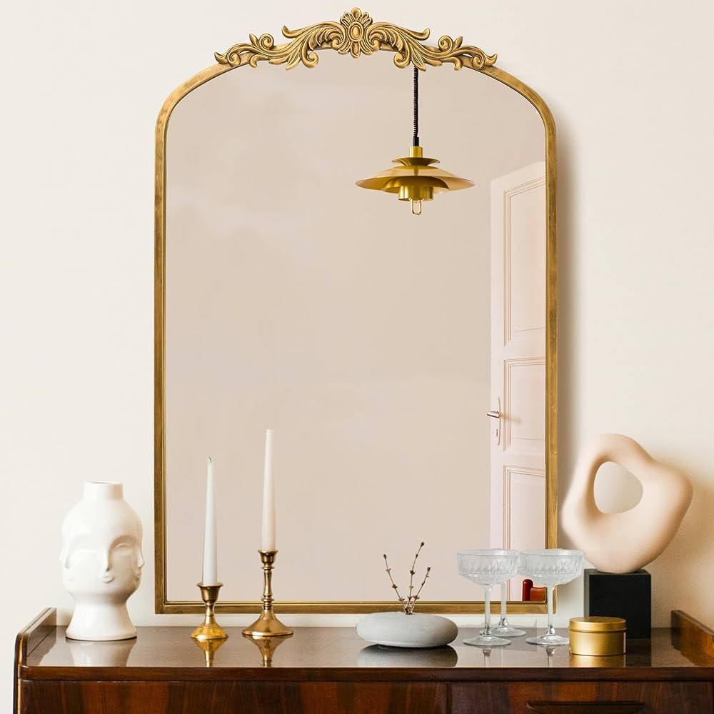PERFNIQUE Vintage Mirror, 36" X 24" Arched Antique Baroque Wall Mirror, Gold Traditional Wall Dec... | Amazon (US)
