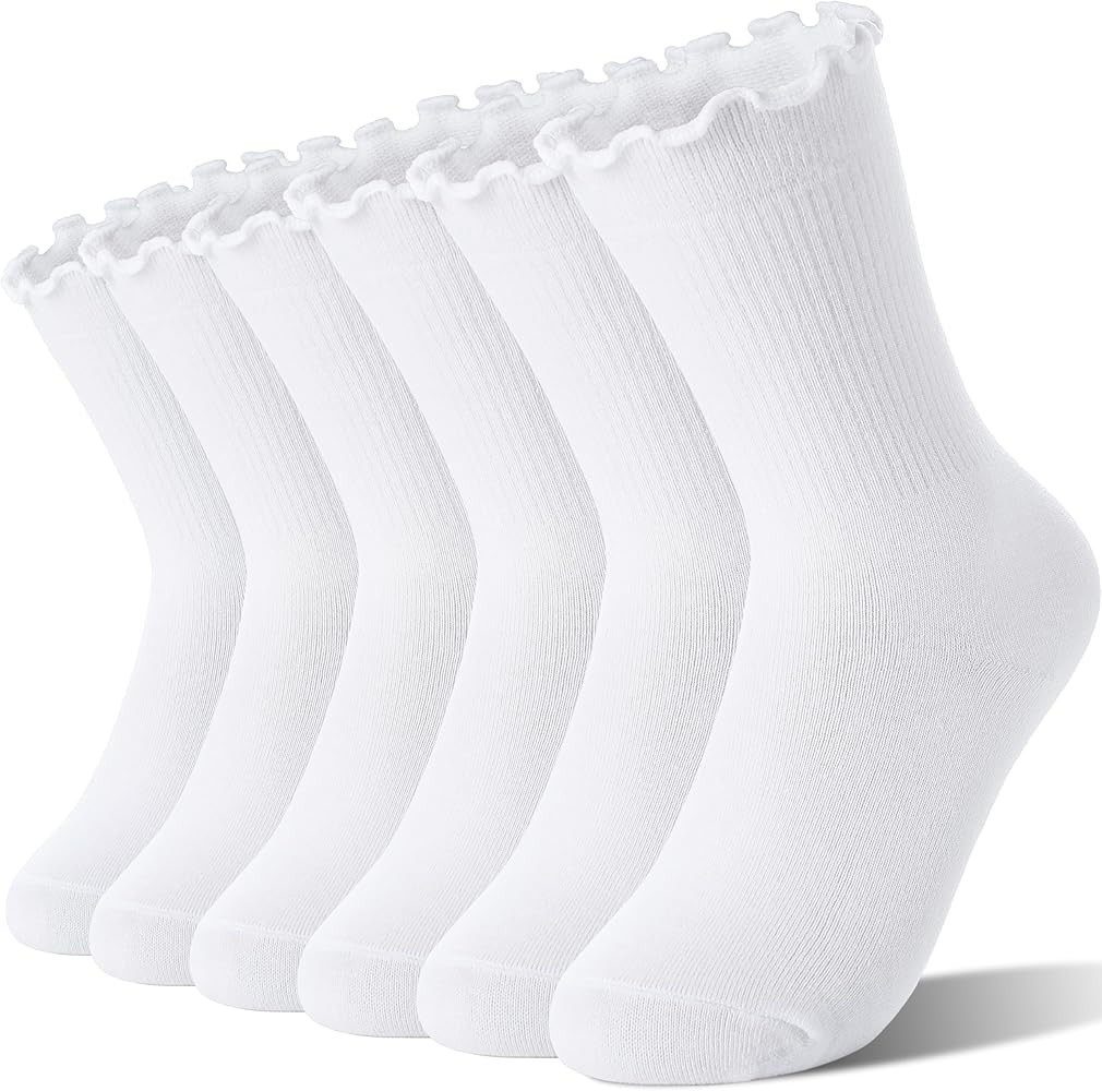 Girls Kids Ruffle Socks Uniform School Dress Frilly Cotton Crew Socks 6 Pairs | Amazon (US)