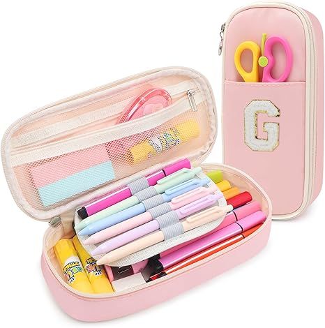 Big Preppy Pencil Case Aesthetic School Supplies, Chenille G Initial Letter Pink Pen Pencil Pouch... | Amazon (US)
