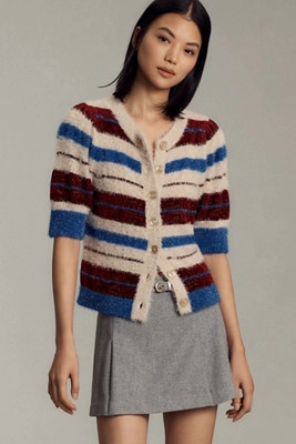 Maeve Short-Sleeve Fuzzy Cardigan Sweater | Anthropologie (US)