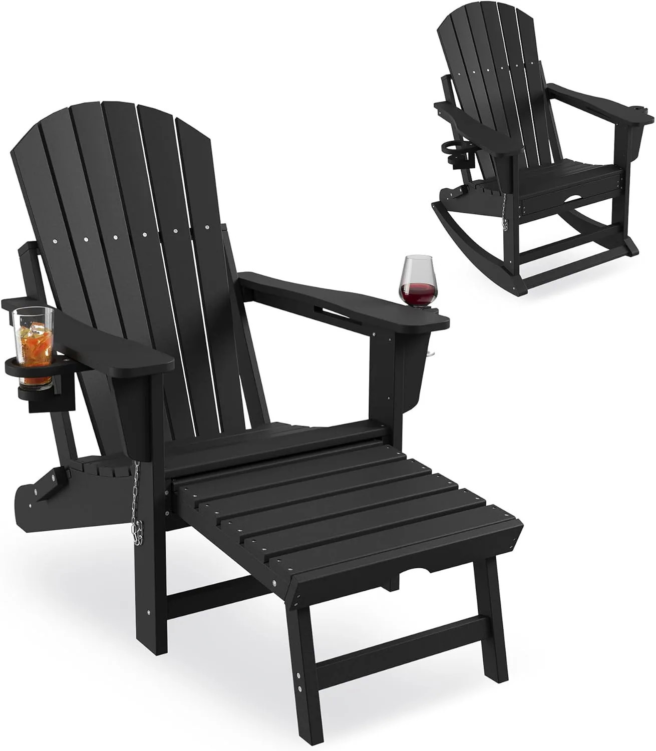 GarveeLife Outdoor Rocking Chair Collection/Folding Design With Retractable Ottoman/Black With Cup Holder For Patio Lawn Deck-Convenient Sturdy | Lowe's