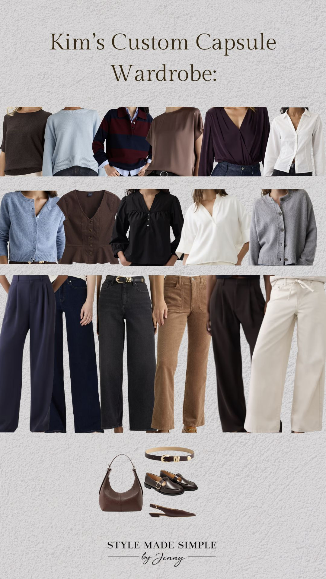 Kim’s custom capsule wardrobe

Her goal was simple: classic, comfortable outfits that feel polished without feeling dressy. She works in an office where jeans are the norm, but still needs pieces that can easily step up for customer meetings or executive visits.

So I built her a 20-piece capsule with:
• Relaxed, non-clingy tops
• Classic jeans + versatile trousers
• Nothing cropped or overly trendy
• 20 complete outfits already styled for her

This is exactly why a custom capsule wardrobe works. You need the right pieces for your actual body, lifestyle, budget + dress code, chosen to work together.

Ready for me to build yours? Book your Custom Capsule Wardrobe here:
https://stylemadesimplebyjenny.com

personal stylist, virtual personal stylist, custom capsule wardrobe, capsule wardrobe ideas, workwear capsule wardrobe, casual office outfits, business casual outfits, classic style, women over 40 style, affordable capsule wardrobe, fall work outfits, everyday outfit ideas 

 