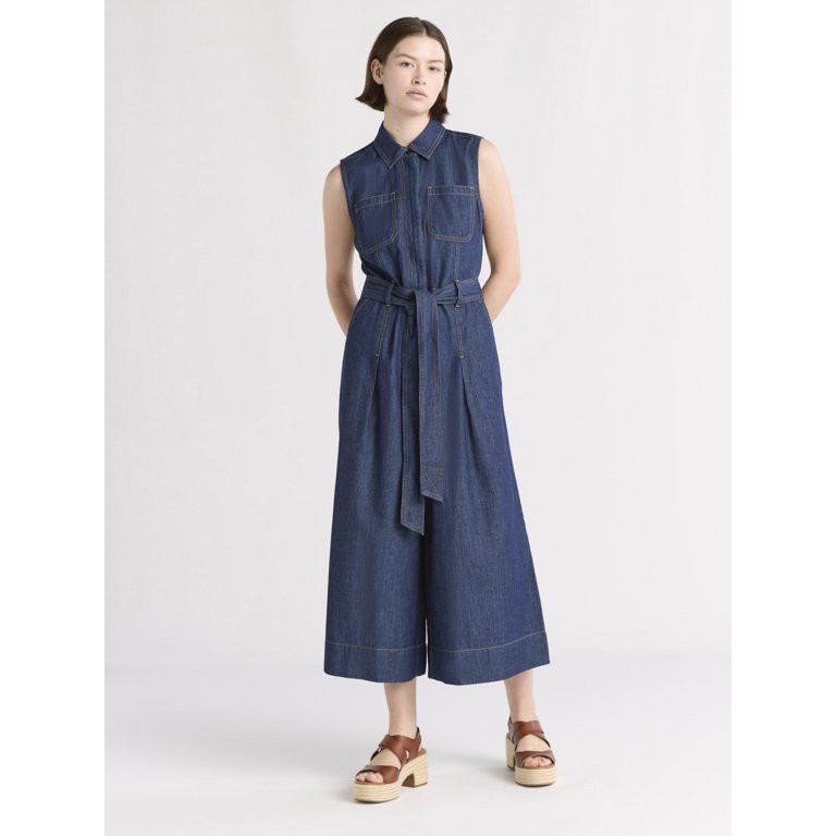 Free Assembly Women's and Women's Plus Chambray Wide Leg Cropped Jumpsuit, Sizes XS-4X | Walmart (US)