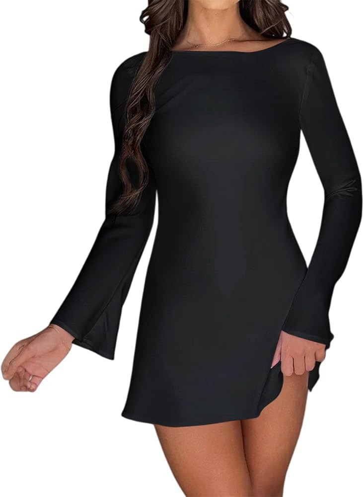 Mini Dress for Women, Solid Slim Fit Y2k Long Sleeve Sexy Boat Neck Backless Cute Mini Going Out ... | Amazon (US)