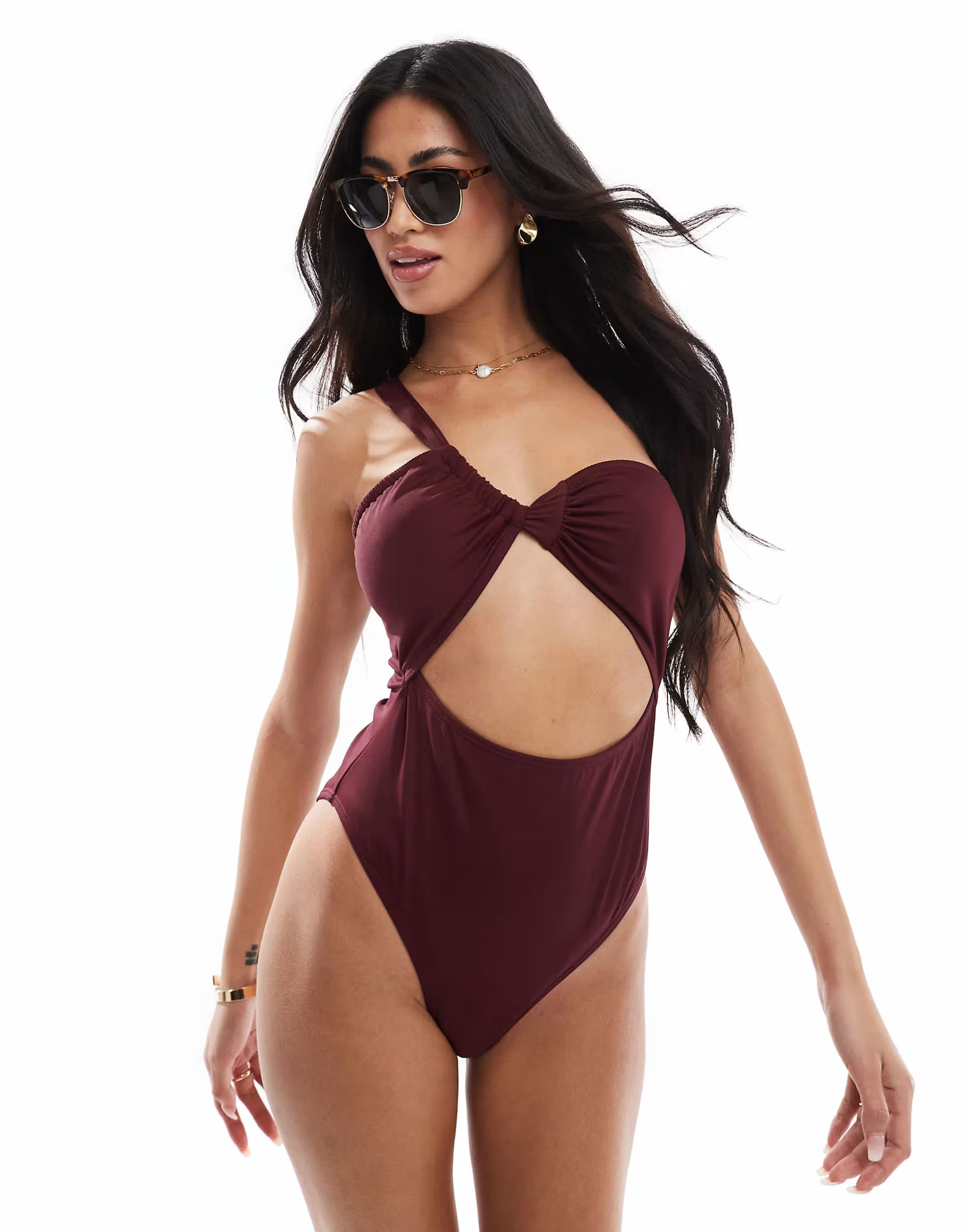 4th & Reckless asymmetric shoulder cutout swimsuit in burgundy | ASOS (Global)