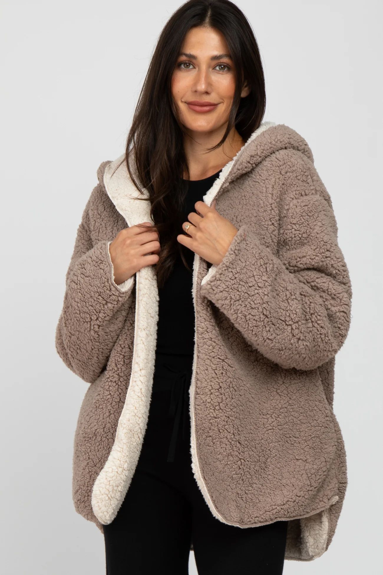 Taupe Sherpa Fleece Hooded Maternity Jacket | PinkBlush Maternity