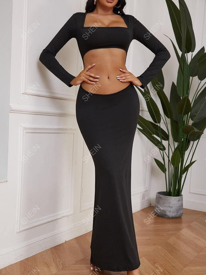 Cut Out Backless Square Neck Mermaid Hem Bodycon Dress | SHEIN