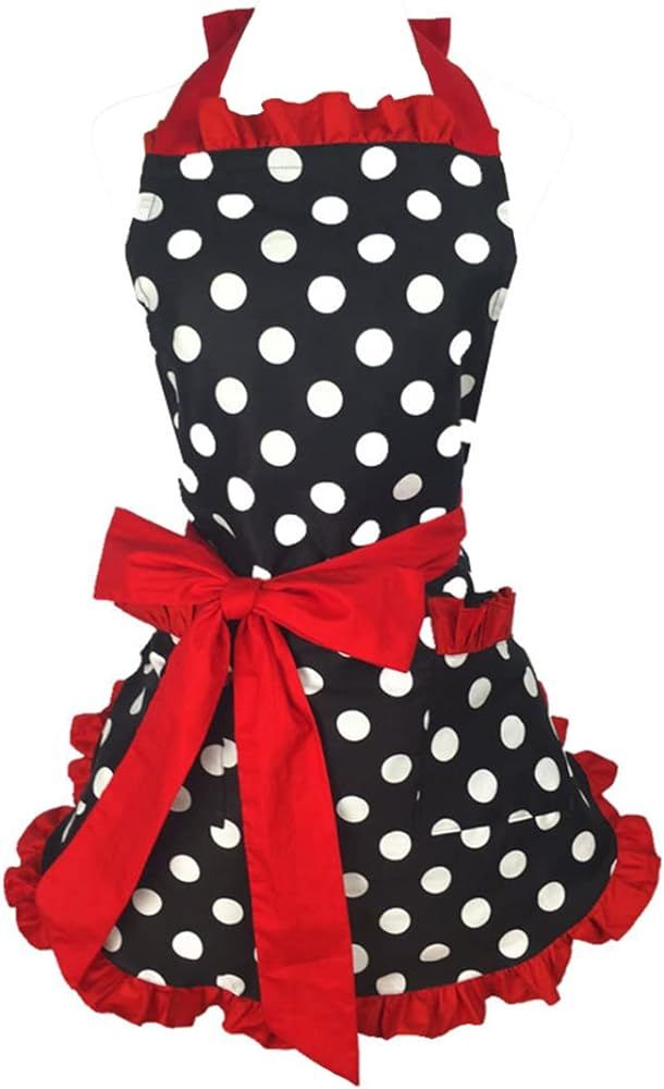 Hyzrz Cute Apron Retro Black Polka Dot Retro Ruffle Side Vintage Cooking Aprons with Pockets for Wom | Amazon (US)