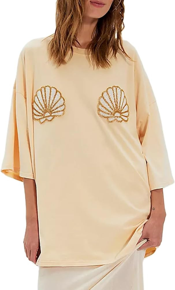 Womens Beaded Seashell Oversized Graphic Tee Shirts Y2k Vintage Beachy Baggy T Shirt Summer Coastal Clothes | Amazon (US)