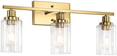 Gold Bathroom Light Fixtures, 3 Light Brushed Gold Bathroom Vanity Lights with Clear Grooved Glas... | Amazon (US)