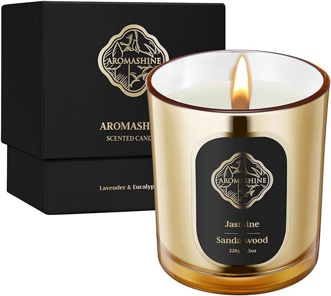 Aromashine Jasmine & Sandalwood Scented Candle, Wood Wicked Candles with Natural Soy Wax, 8 Oz Go... | Amazon (US)