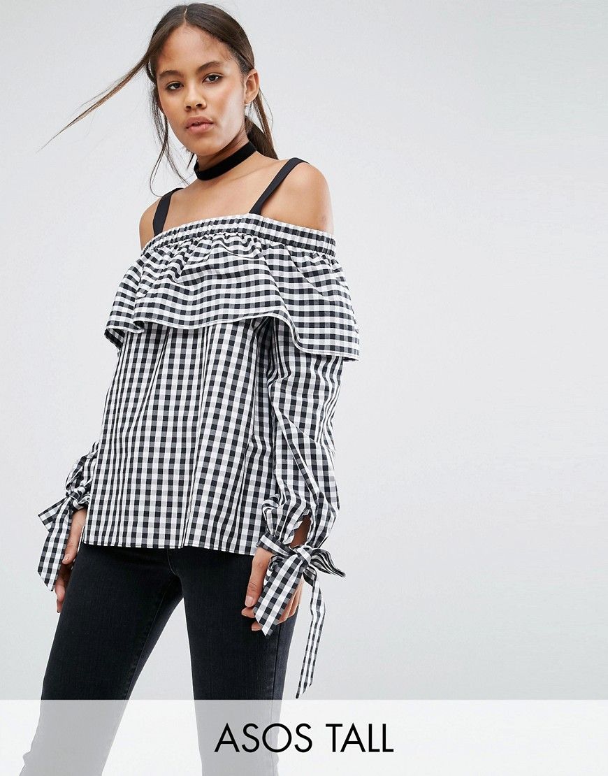 ASOS TALL Gingham Cotton Cold Shoulder Top With Tie Detail - Multi | ASOS US