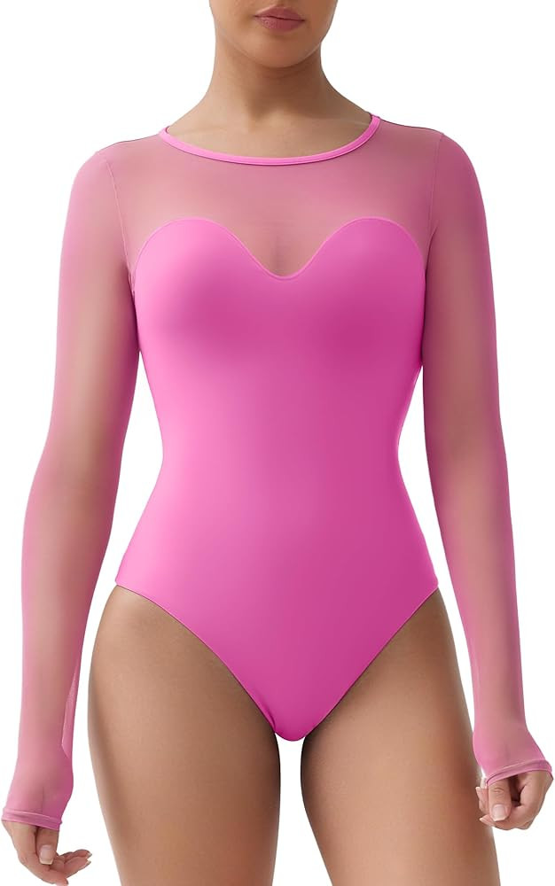 SHAPERX Women's Mesh Bodysuit Long Sleeve Crew Neck Sheer Tops Fit Everybody Body Suits | Amazon (US)