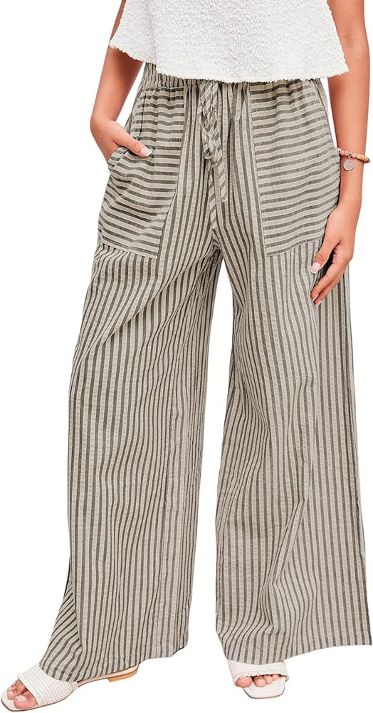 Yeokou Women's Wide Leg Pants Drawstring Striped Cotton Mid Rise Casual Long Palazzo Trousers wit... | Amazon (US)