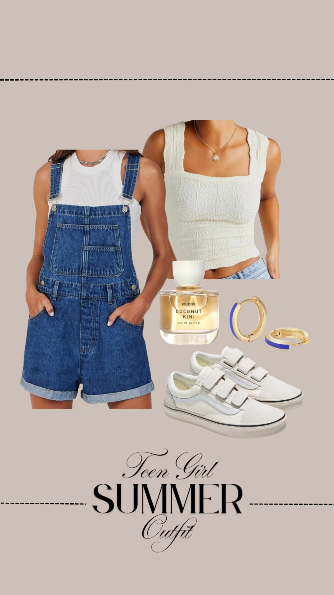 Summer outfit inspo for teen girls. Denim overalls paired with a soft textured crop top make the perfect casual combo for warm days. Styled with comfy velcro Vans, gold & blue jewelry accents, and a coconut-scented perfume for that effortless beachy vibe. Easy, cute, and perfect for your summer plans! #TeenGirlStyle #SummerOOTD #OverallsOutfit #CasualSummerLook #LTKBackToSchool #LTKSummer #TeenGirlOutfit