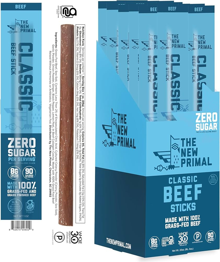 The New Primal Grass Fed Beef Sticks, Keto, Gluten Free Healthy Snacks, Sugar Free Low Carb High ... | Amazon (US)