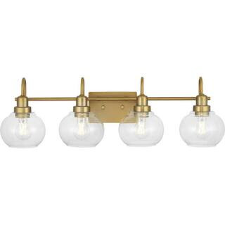 Home Decorators Collection Halyn 31.375 in. 4-Light Vintage Brass Bathroom Vanity Light with Clea... | The Home Depot