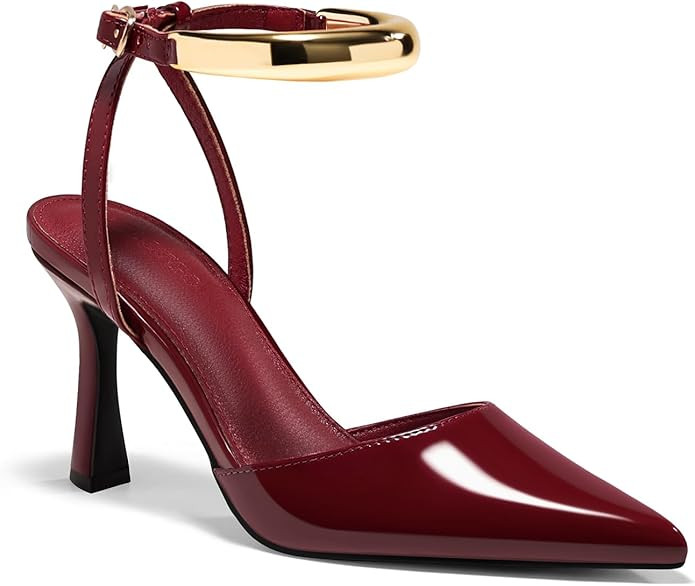 Coutgo Womens Strappy High Heels Closed Pointed Toe Pumps Ankle Strap Metal Party Dress Shoes | Amazon (US)