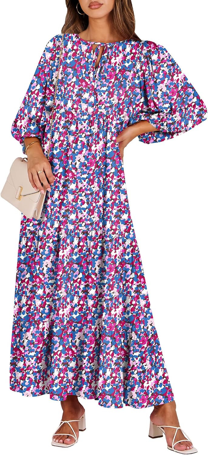 ANRABESS Womens Boho Floral 3/4 Puff Sleeve Maxi Dress | Amazon (US)
