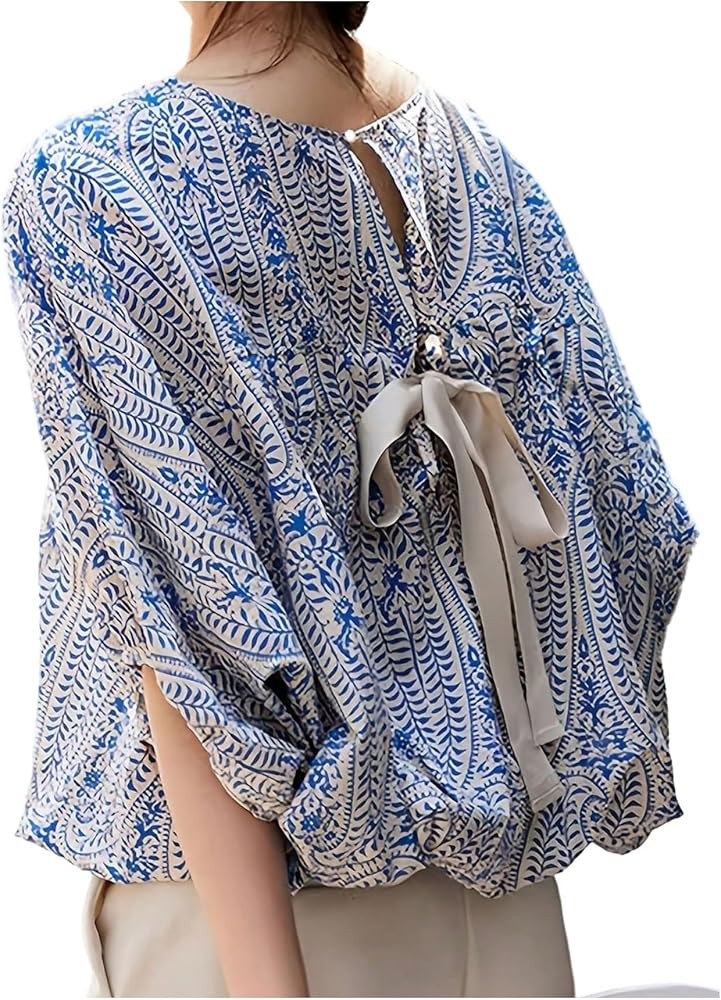 SHENHE Women's Puff Sleeve Boho Blouse Keyhole Bow Back Bubble Hem Top Dressy Casual Top | Amazon (US)