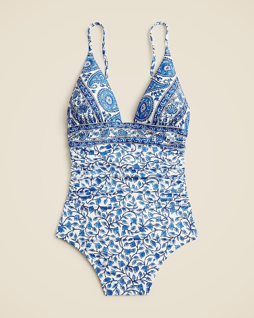 Long-torso ruched plunge one-piece in bandana block print | J. Crew US