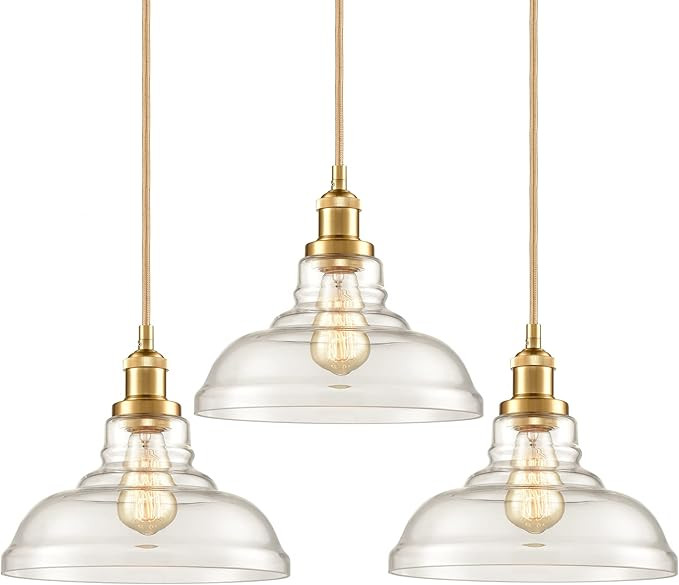 CLAXY Industrial Brass/Gold Pendant Lights Glass Dome Kitchen Hanging Light Fixture-3 Pack | Amazon (US)