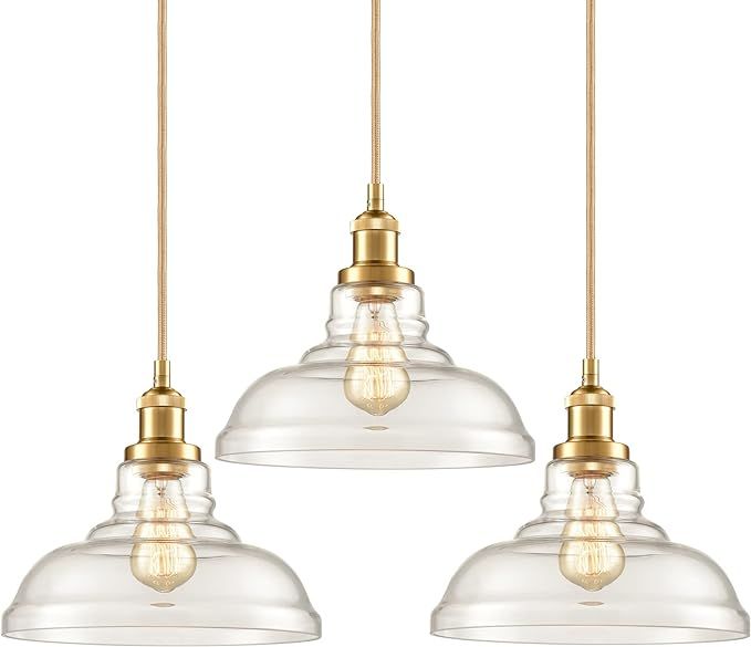 CLAXY Industrial Brass/Gold Pendant Lights Glass Dome Kitchen Hanging Light Fixture-3 Pack | Amazon (US)