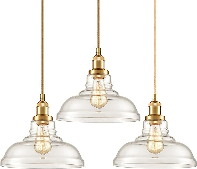 CLAXY Industrial Brass/Gold Pendant Lights Glass Dome Kitchen Hanging Light Fixture-3 Pack | Amazon (US)