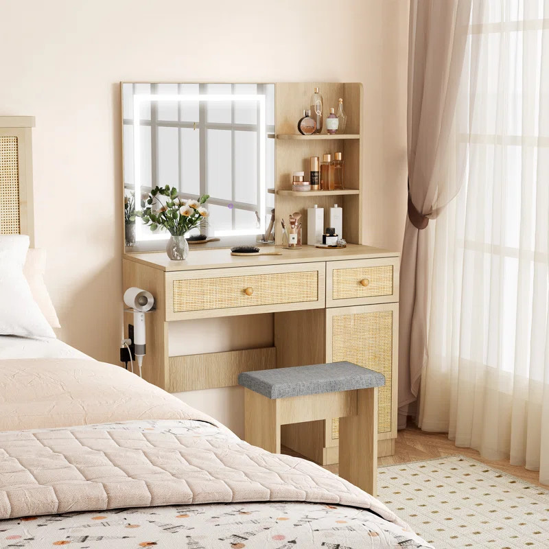 Avonelle Boho Natural Rattan Vanity with LED Mirror and Stool | Wayfair North America